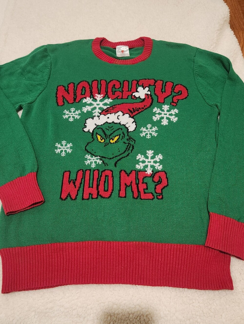 Green Grinch Graphic Crewneck Sweater with Red Trim